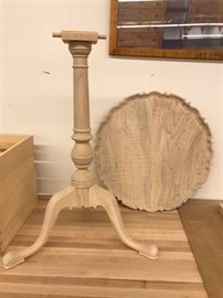 Queen Anne tilt-top table base in tiger maple, unfinished with partially complete pie crust top 21"d