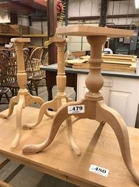 Queen Anne Lexington single pedestal base in cherry and 2 Queen Anne tilt-top pedestal bases in tiger maple