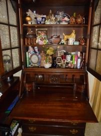 Curio/writing desk cabinet w/4 drawers, glass doors and shelves