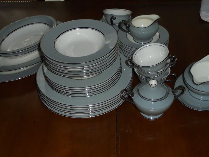 38 pc Arcadian Fine China, gray w/silver band. 6 pc place setting. gravy bowl, sugar & creamer, cups & saucer, plates, salad plates, salad bowls, soup bowls, lg & med platters, vegetable bowls