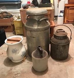 chamber pot, metal milk can, creamer can, and old brown jug