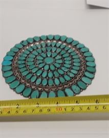 Antique Zunni Signed JW Sterling and Turquoise Large Pin 