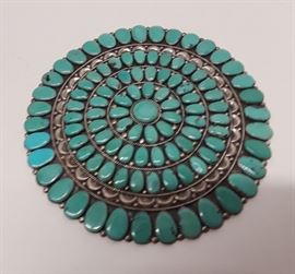 Antique Zunni Signed JW Sterling and Turquoise Large Pin 
