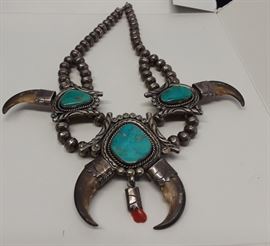 Rare Antique Navajo Squash Blossom necklace, (Bear Claw, Sterling, Turquoise, Coral 