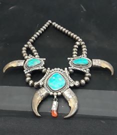 Rare Antique Navajo Squash Blossom necklace, (Bear Claw, Sterling, Turquoise, Coral 