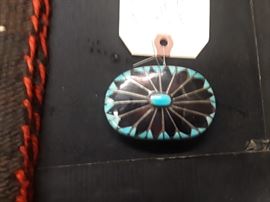 Antique Zuni, Sterling and Onyx Belt Buckle Signed R.B. 