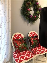 Wreathes, accent chairs, decor 