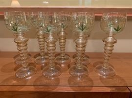 Set of 8 antique German hand painted Roemer Rhine wine goblets with applied prunts 