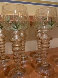 Set of 8 antique German hand painted Roemer Rhine wine goblets with applied prunts 