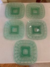 Set of 5 vintage beaded block green depression glass plates