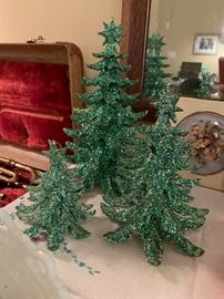 Vintage glitter glass Christmas tree three piece set