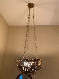 Very large art nouveau brass chandelier converted from a floor standing light fixture