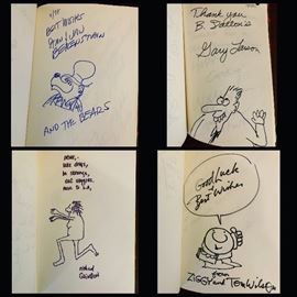 Four pages from one of three VERY RARE autograph books!  Autographs, notes & doodles by Stan & Jan Berenstain, Gary Larson, Richard Guindon, Brooke Shields, Johnny Cash, Former First Lady Rosalynn Carter, Arnold Schwarzenegger and many many more!!
