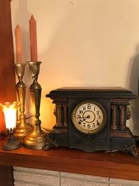 Candlesticks, small 'lily' lamp, Black mantle Clock by Seth Thomas (Ca. 1900).  Clock working, but not guaranteed.