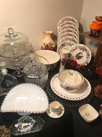 Lenox Winter Greetings plates, bowls, vase.  Glass cake stands