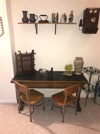 Cute school desk, coffee grinder (Arcade), decorative items...