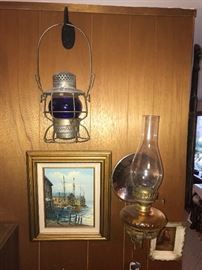 Lantern is Rock Island RR (marked on frame....cobalt glass has no RR markings).  Wall bracket lamp has old silvered glass reflector