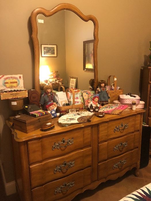 Beautiful solid wood dresser with mirror, Boyd’s bear dolls, wooden jewelry box 