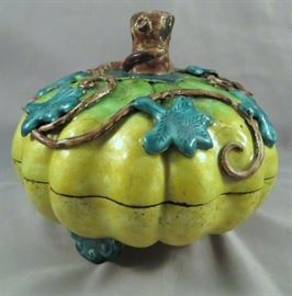 HUGE ANTIQUE CHINESE ENAMELED PEWTER PUMKIN OR GOURD ALTAR OFFEREING BOX