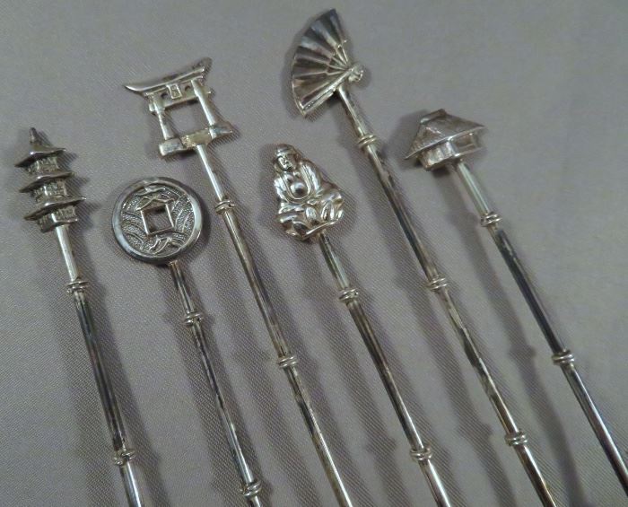 BAEUTIFULLY RENDERED FINIALS ON JAPANESE 950 STERLING TEA SPOONS - PAGODA, COIN, TORI GATES, BUDDHA, GEISHA FAN AND TRADITIONAL JAPANESE HOME - ALL WITH GREAT BAMBOO-FORM NECKS