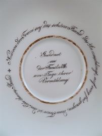 CENTER OF ANTIQUE MEISSEN PORCELAIN SAUCER WRITES, IN GERMAN, OF A BRIDE'S FIDELITY AND LOVE BEING TIMELESS AND ENTERTWINED