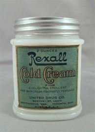 ANTIQUE ART DECO PREIOD MILK GLASS COSMETIC CONTAINER FROM REXALL ADVERTISING THEIR COLD CREAM