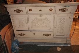 A one of kind hutch, probably mid-late 1800s, been antique finished. Solid wood- oak. Original pulls. If desirable, removal of current paint would bring it back to its earlier glory, although pretty as is!