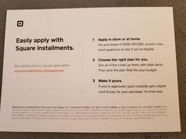 Financing on purchases now available $250 - $10,000.  Won't interfere with your holiday budget at all