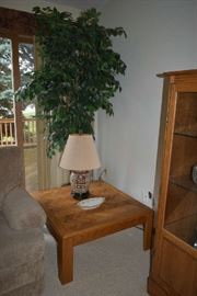 COFFEE TABLE, LAMP, FAUX TREE