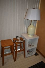WOOD STOOLS, PAINTED CABINET, LAMP, PLATES