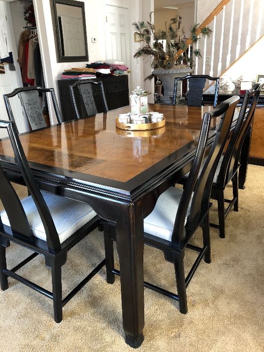 Century Burl wood Lacquer Chin Hua Dining Table and 6 chairs