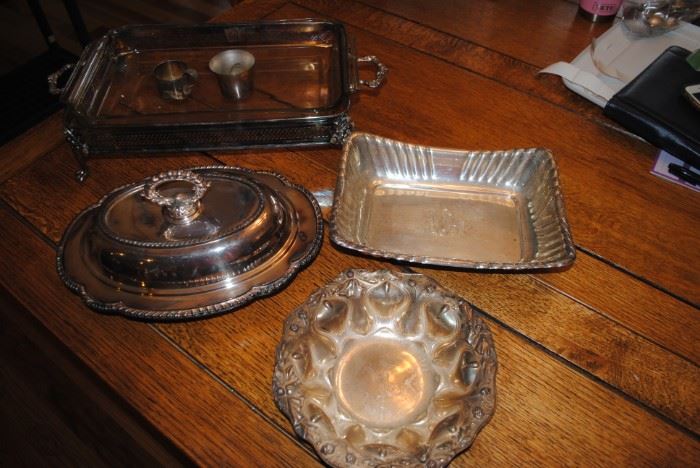 Silverplate casserole holder,  FB Rogers Silver cup, Sterling Frank M Whiting & Co cup, Silverplate covered dish, Alvin Sterling 2580 Bowl - round ornate