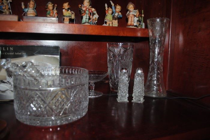 Beautiful crystal vases, candy dish and 3 piece salad set
