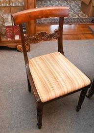 Set of Six Antique Dining Chairs with Carved Details and Upholstered Seats