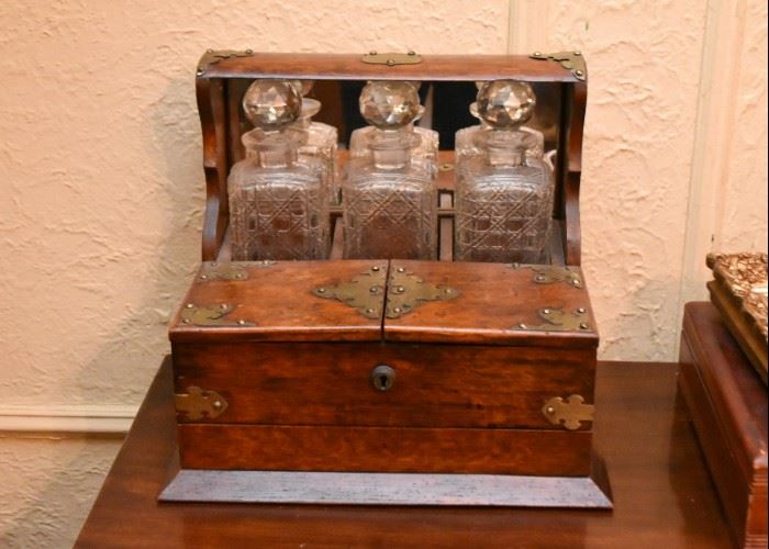 Antique Tantalus  with 3 Crystal Decanters
