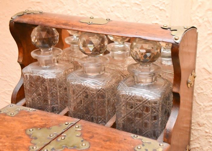 Antique Tantalus  with 3 Crystal Decanters