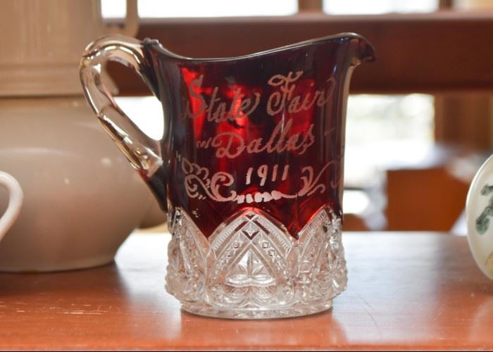 Antique Dallas State Fair Ruby Glass Souvenir Pitcher / Creamer