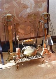 Brass Fireplace Andirons, Tools, Stool / Rack & Kettle