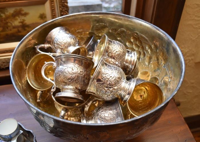 Antique / Vintage Hand Chased Silver Plate Punch Bowl & Cups, B.  Tobert 