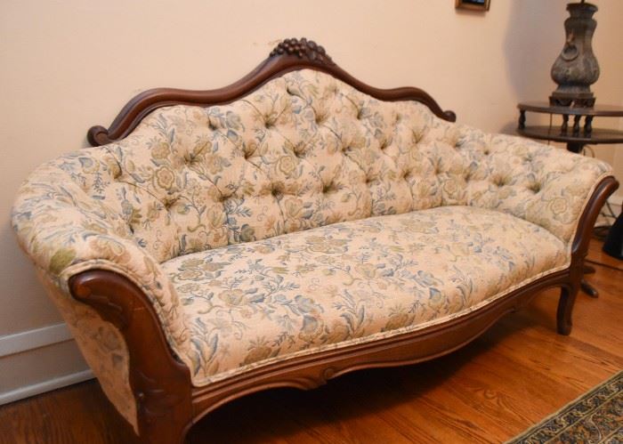 Antique / Vintage Tufted Sofa Settee with Carved Details