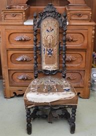 Antique High Back Chair (Ornately Carved) with Needlepoint Upholstery