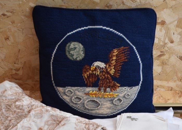 Needlepoint Throw Pillow - American Eagle on the Moon