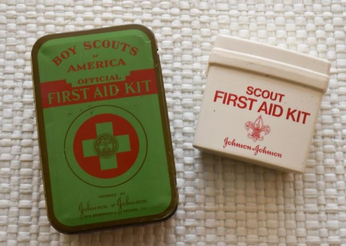 Vintage Boy Scouts First Aid Kits (left is metal, right is plastic)