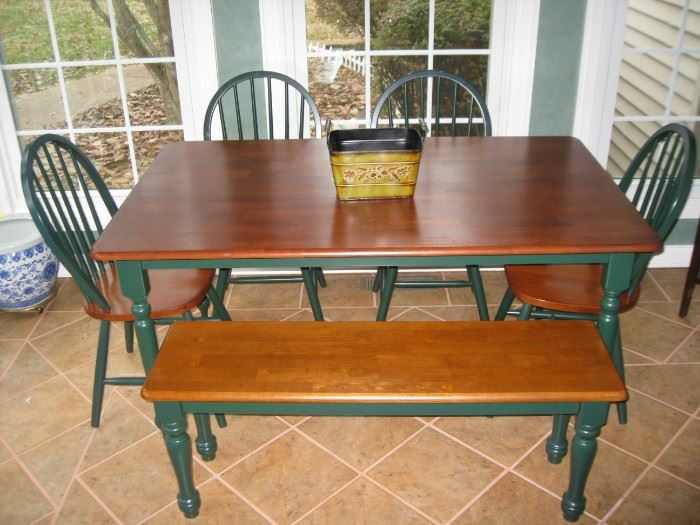 farm table with 4 chairs and bench