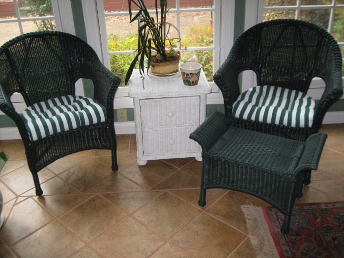 2 of 3 resin wicker chairs, ottoman