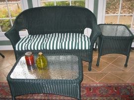 "wicker" settee, coffee table, end table
