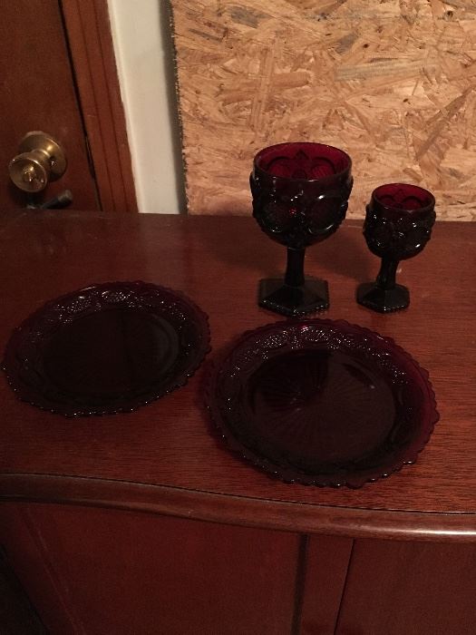 Avon Cape Cod large goblets. Never used and have been in boxes. Small goblets, never used but do not have boxes. 4 dessert plates, unused and in boxes.