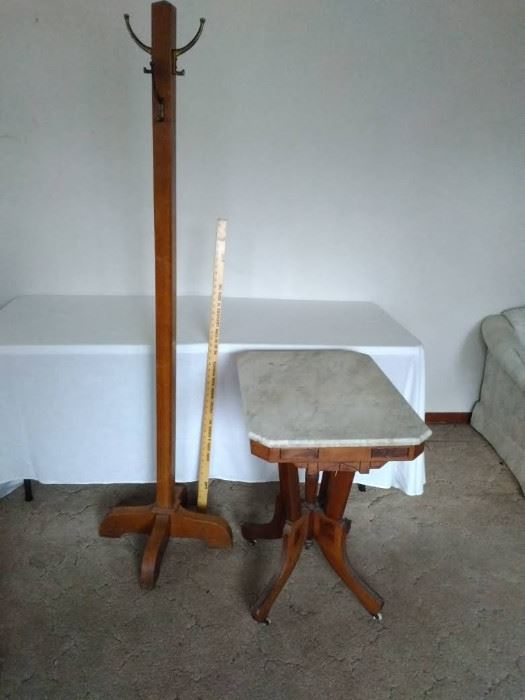 Wooden Hall Tree and Wooden Table with Marble top       https://ctbids.com/#!/description/share/70370