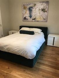 Custom queen platform bed with rich green velvet slipcover and also comes with light grey linen slipcover. $750