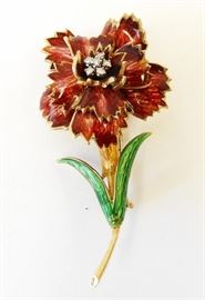 Lot 127: 18k, Enamel, & Diamond Carnation Brooch Pin Jewelry
